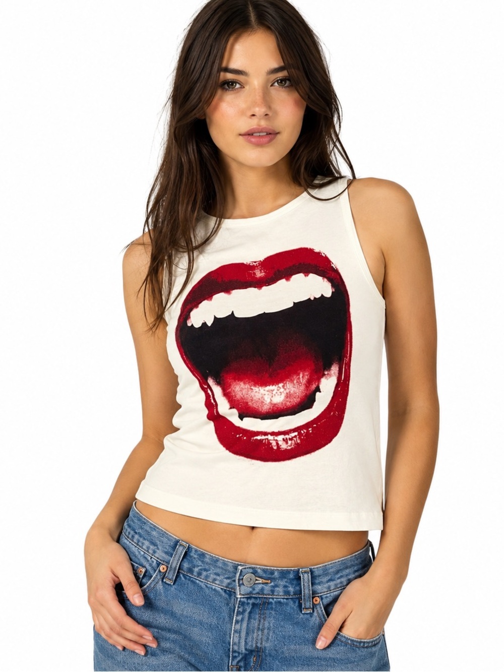 Silence + Noise‎ Graphic Lips Tank Top White Sleeveless Crop Top Size Large